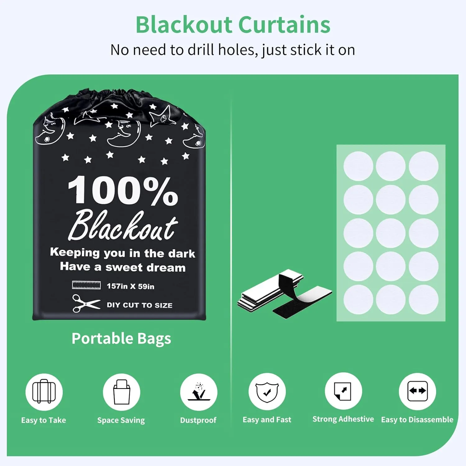 100% Blackout Blind Curtains Window Cover [157" x 59" XXL] [DIY Cut to Any Size or Shape] [Hook & Loop Tabs][ Portable Bags for Travel] [Light & UV Blocking ] for House,Nursery,Apartment