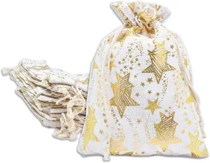 12-Pack 6x8 Reusable Cotton Canvas Muslin Gift Bags w. Drawstrings (Golden Stars, Medium) - for Presents, Party Favors, Retail, Samples by TheDisplayGuys