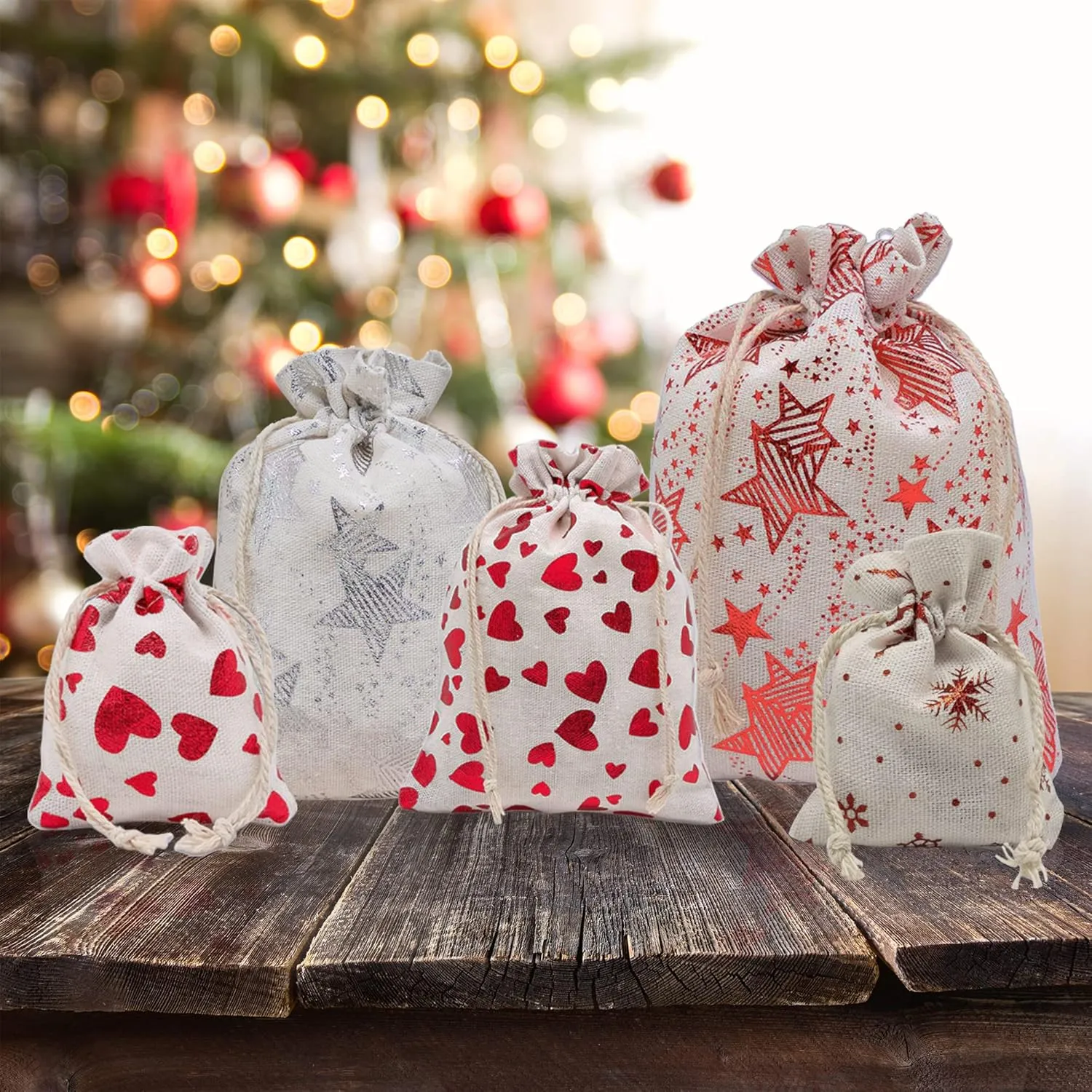 12-Pack 6x8 Reusable Cotton Canvas Muslin Gift Bags w. Drawstrings (Golden Stars, Medium) - for Presents, Party Favors, Retail, Samples by TheDisplayGuys