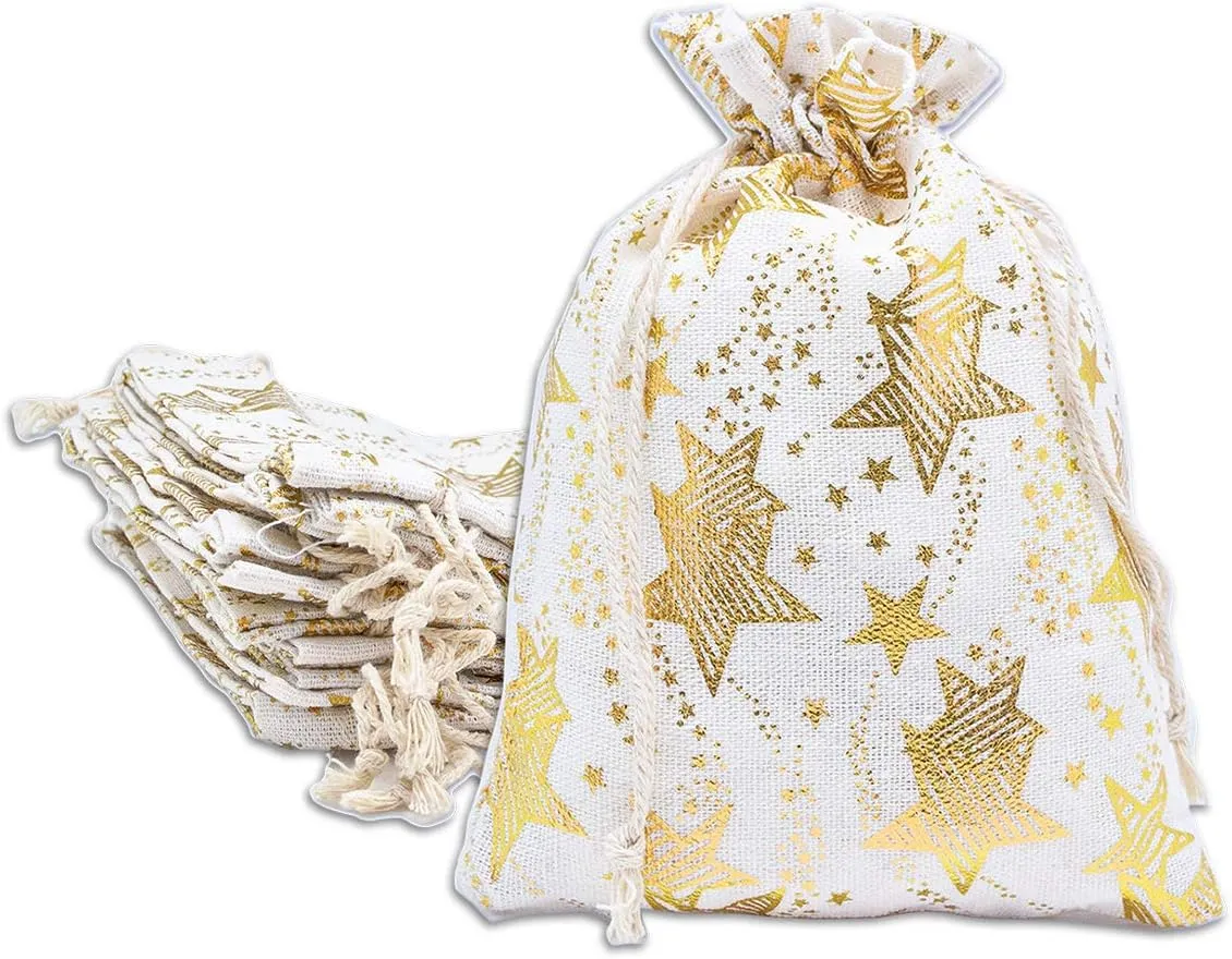 12-Pack 6x8 Reusable Cotton Canvas Muslin Gift Bags w. Drawstrings (Golden Stars, Medium) - for Presents, Party Favors, Retail, Samples by TheDisplayGuys