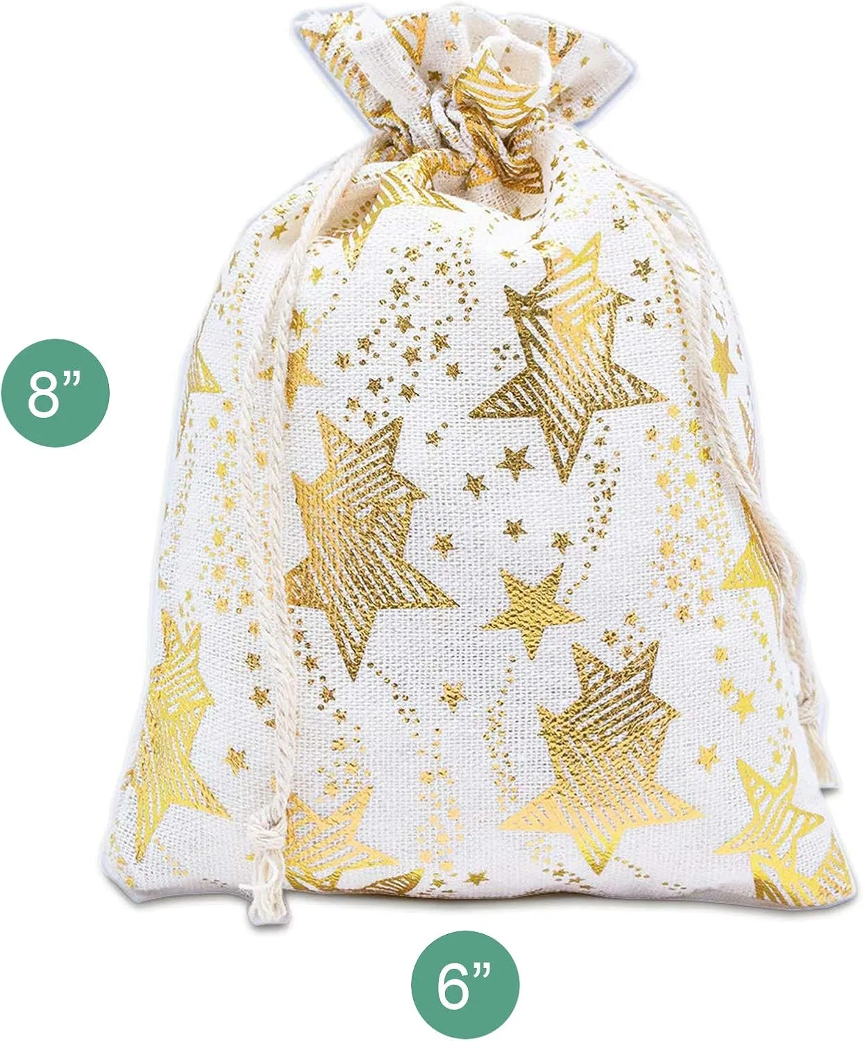 12-Pack 6x8 Reusable Cotton Canvas Muslin Gift Bags w. Drawstrings (Golden Stars, Medium) - for Presents, Party Favors, Retail, Samples by TheDisplayGuys