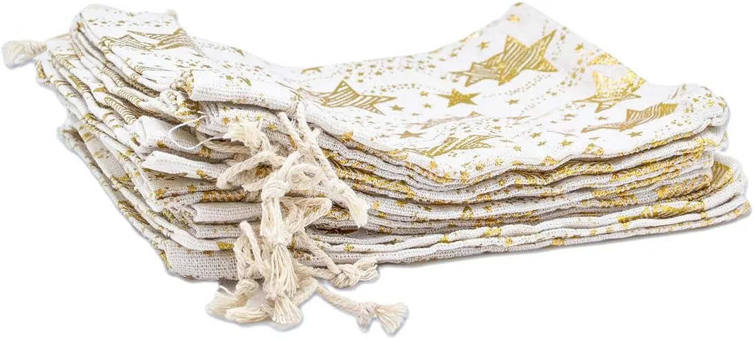 12-Pack 6x8 Reusable Cotton Canvas Muslin Gift Bags w. Drawstrings (Golden Stars, Medium) - for Presents, Party Favors, Retail, Samples by TheDisplayGuys