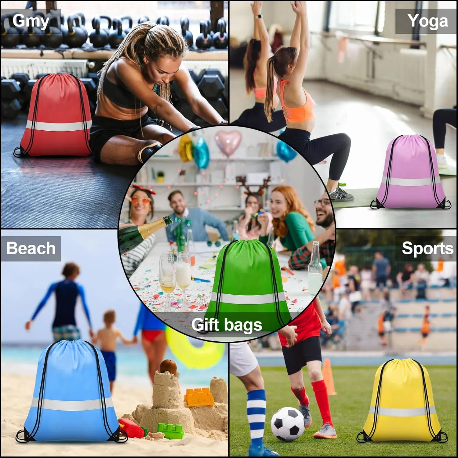 16Pcs Drawstring Bags Bulk Cinch Bag, Polyester String Bag Drawstring Backpack for Trip Party Camping Sports Gym Yoga（Soft Reflect）