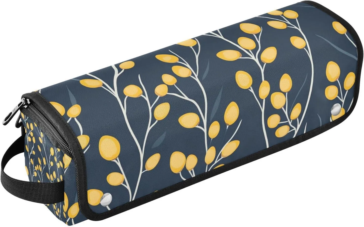 2 in 1 Hair Tools Organizer and Heat Resistant Mat Portable Travel Carrying Case for Curling Iron Straightener Flat Hair Dryer, Holly Berries Mustard Yellow and Denim Blue Travel Bag for