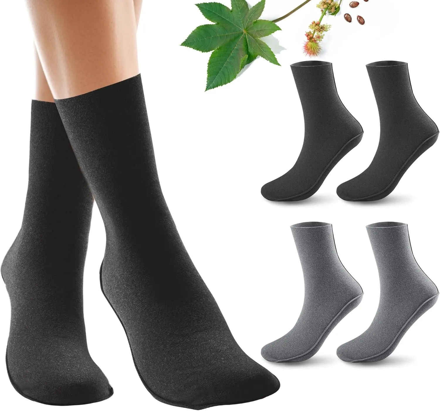 2 Pack Castor Oil Pack Wraps for Feet Organic Cotton Reusable Castor Oil Foot Ankles Wrap for Women Mid-Crew Socks Black & Grey(Oil Not Include)