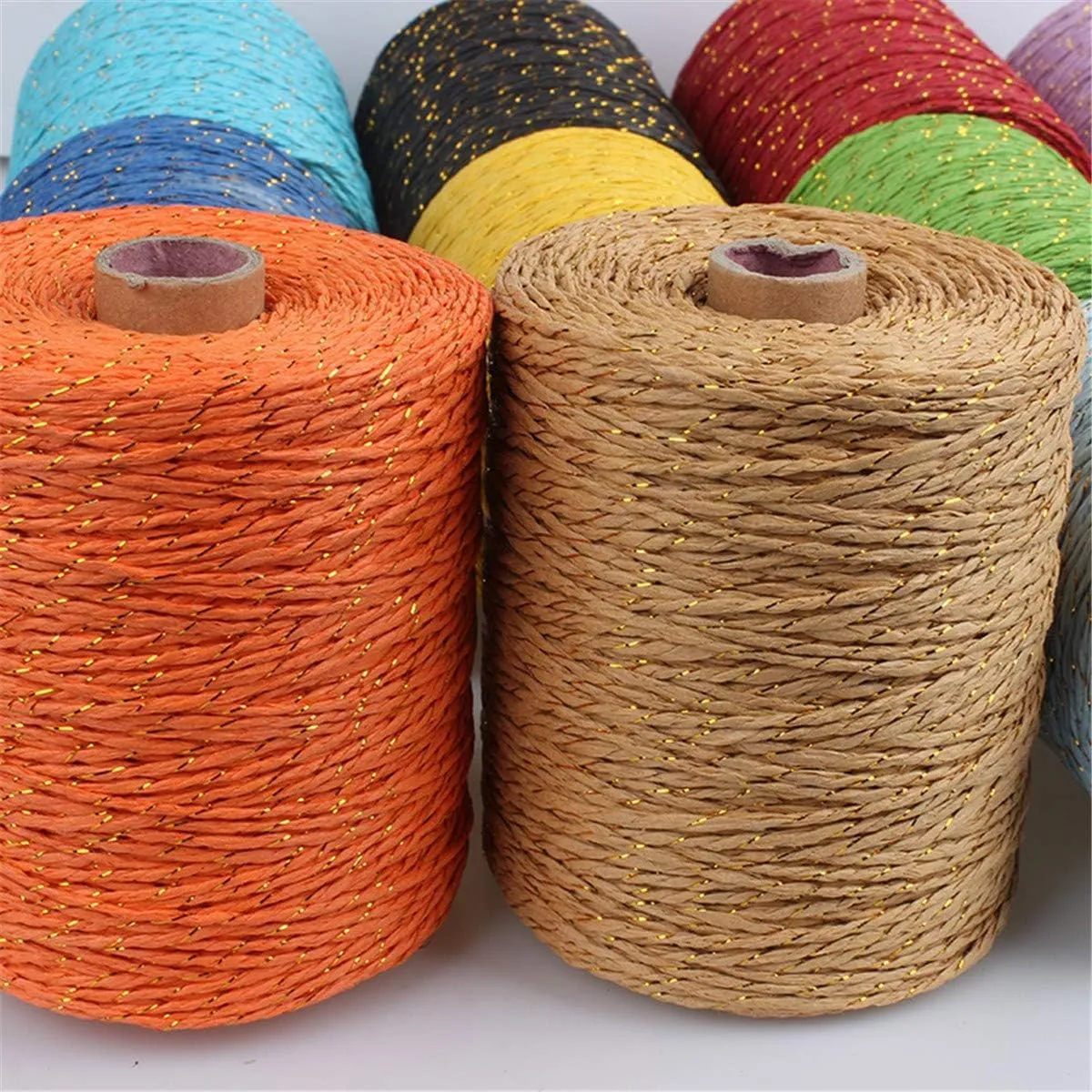 2 Pack of Natural Cotton Golden Silk Colorful Raffia Yarn Cotton Line Rayon Raffia Rope for Summer Sun Straw Hat Beach Bag DIY Hand Knitting Handbag