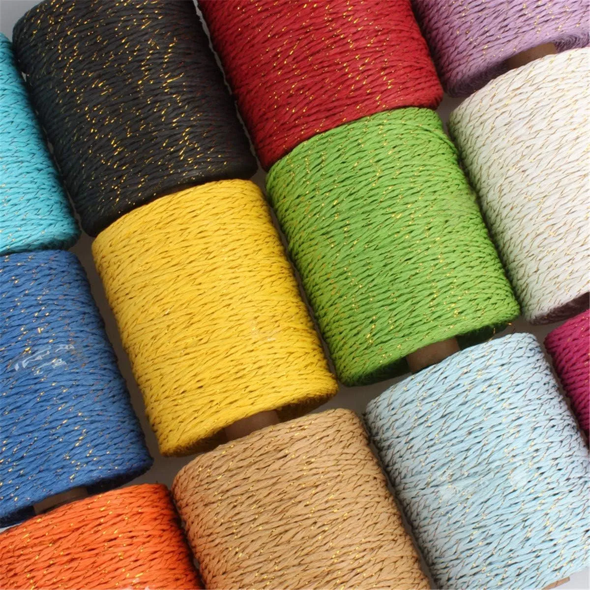 2 Pack of Natural Cotton Golden Silk Colorful Raffia Yarn Cotton Line Rayon Raffia Rope for Summer Sun Straw Hat Beach Bag DIY Hand Knitting Handbag