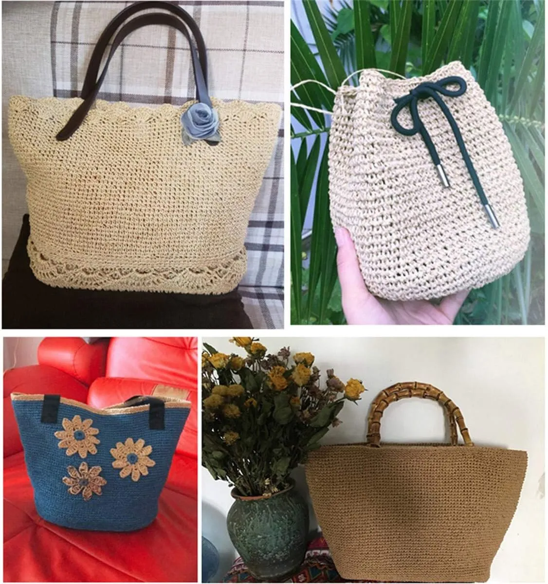 2 Pack of Natural Cotton Line Rayon Raffia Yarn Cotton Raffia Rope for Summer Sun Straw Hat Beach Bag DIY Hand Knitting Handbag 560-600 Meters/612-656 Yards