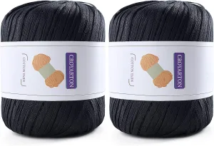 2 Pack Raffia Yarn for Crochet, Soft Cotton Yarn for Crocheting Summer Beach Bag/Hat, 228 Yards/3.52 Ounce Ribbon Paper Yarn for Beginners DIY Hand Knitting Handbag (Black)