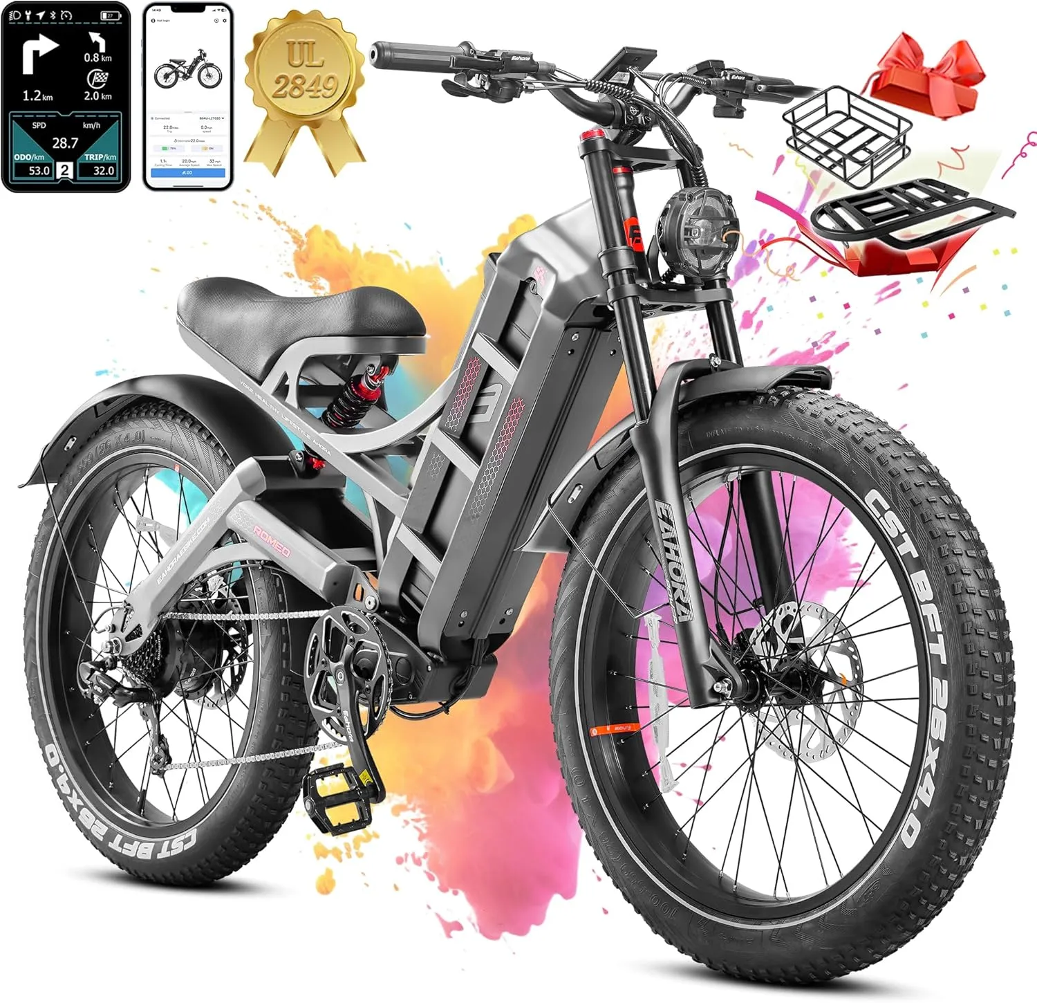 2025 Launch Romeo Pro 3/Pro 2 5000W/4000W 50Mph/46Mph Dual Motor Electric Bike for Adults 60V/52V/48V 80Ah/70Ah/60Ah 200 Miles Long Range Ebike 26 * 4.0" Fat Tire Electric Mountain Bike