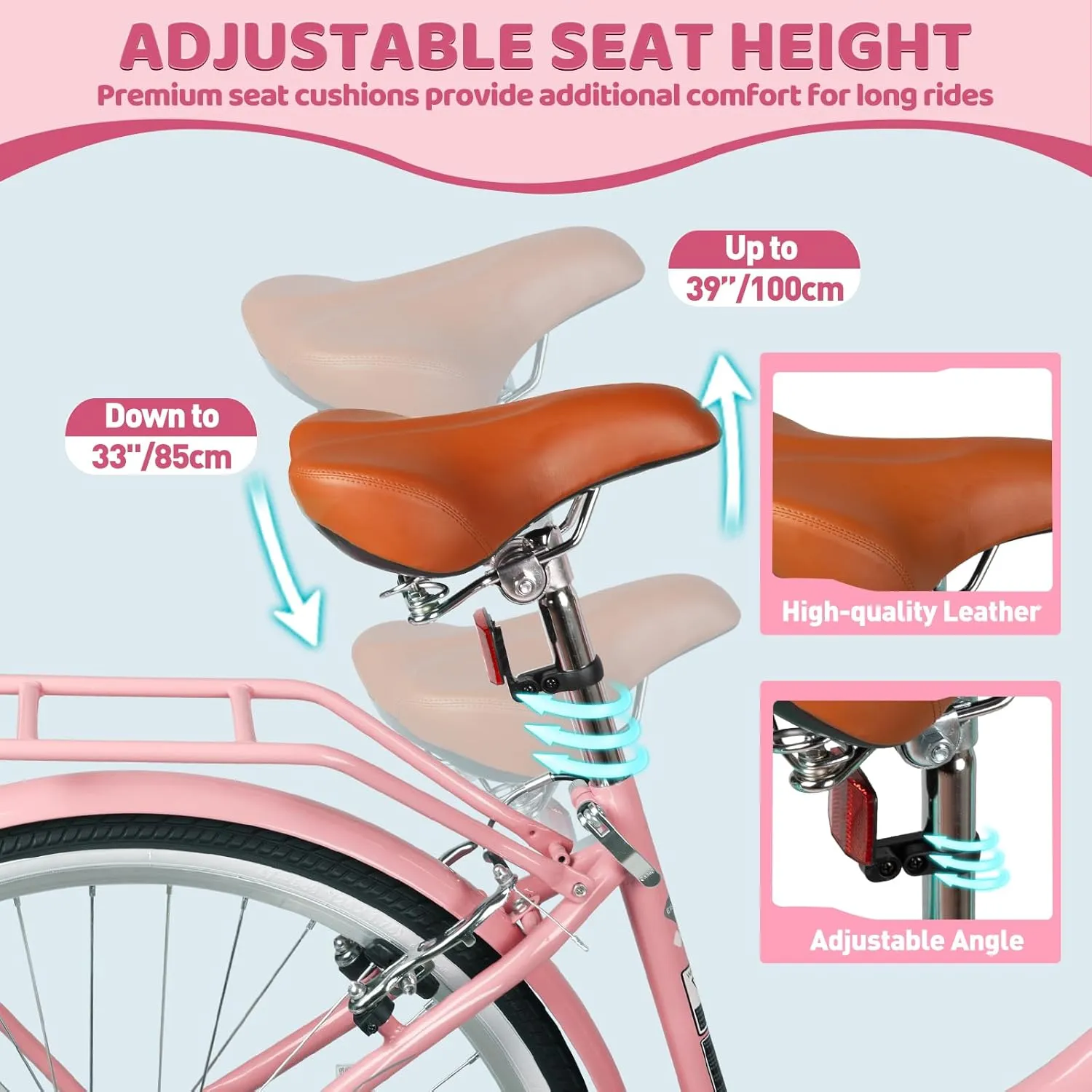 26 Inch Women Beach Cruiser Bike, 7 Speed Hybrid Cruiser Bike with Adjustable Seat, Beach Cruiser Commute Bike with Lightweight, Anti-Skid Tires & V-Brakes for Women