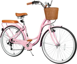 26 Inch Women Beach Cruiser Bike, 7 Speed Hybrid Cruiser Bike with Adjustable Seat, Beach Cruiser Commute Bike with Lightweight, Anti-Skid Tires & V-Brakes for Women