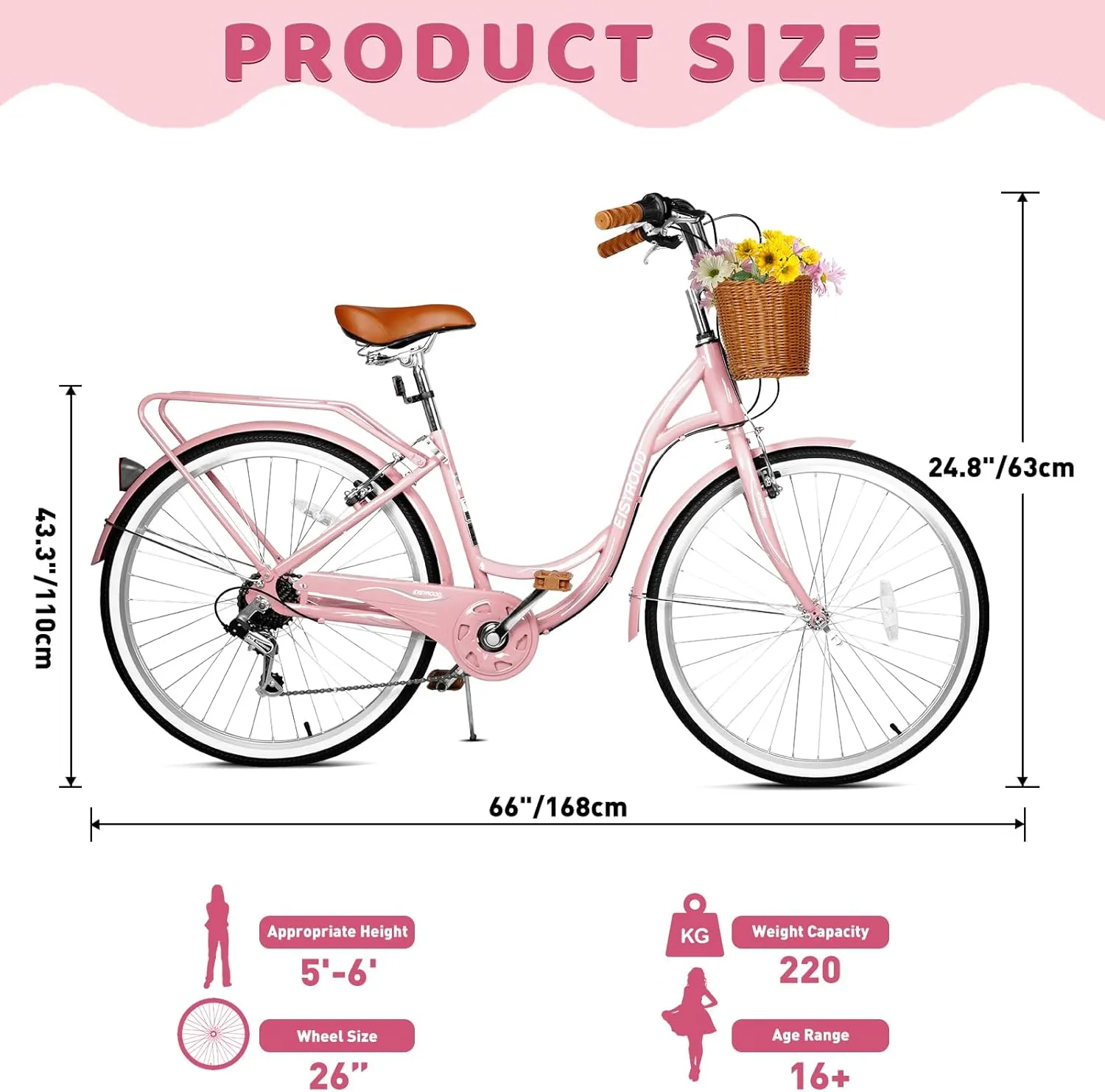 26 Inch Women Beach Cruiser Bike, 7 Speed Hybrid Cruiser Bike with Adjustable Seat, Beach Cruiser Commute Bike with Lightweight, Anti-Skid Tires & V-Brakes for Women