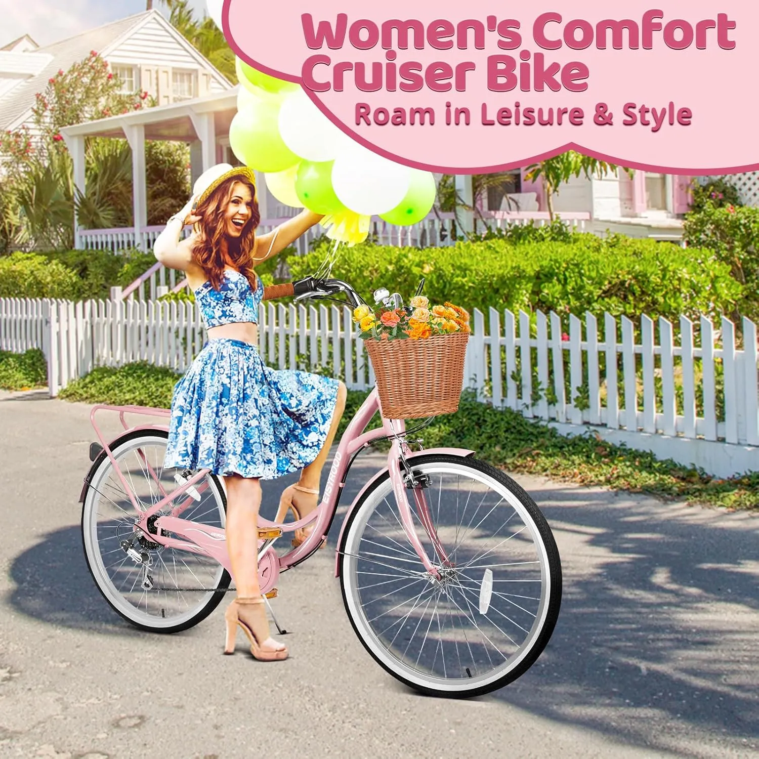26 Inch Women Beach Cruiser Bike, 7 Speed Hybrid Cruiser Bike with Adjustable Seat, Beach Cruiser Commute Bike with Lightweight, Anti-Skid Tires & V-Brakes for Women
