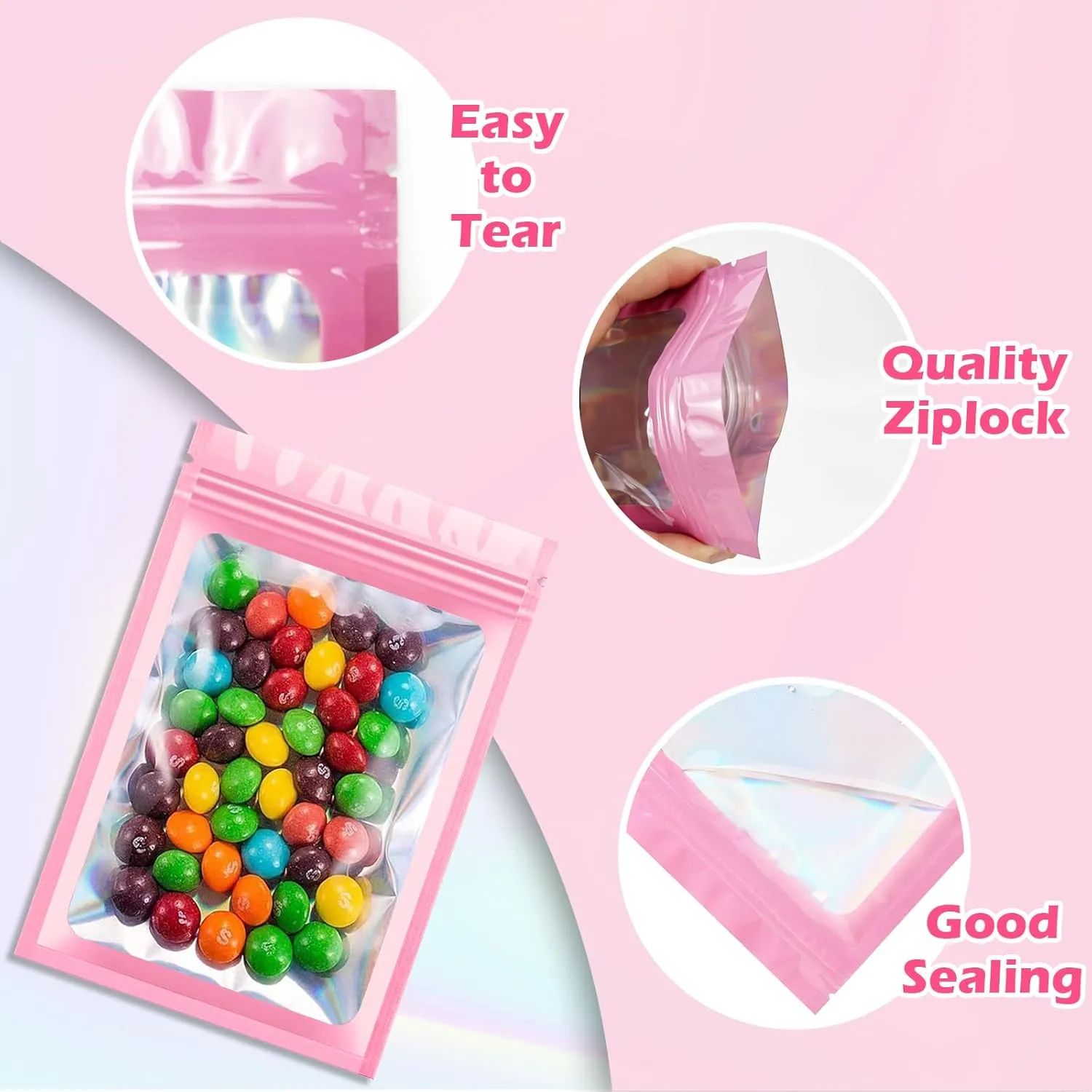 300 Pcs Holographic Mylar Bags, 3 Size Smell Proof Bags with Clear Window Foil Pouch Bags Resealable Bags for Small Business and Food Storage, Pink