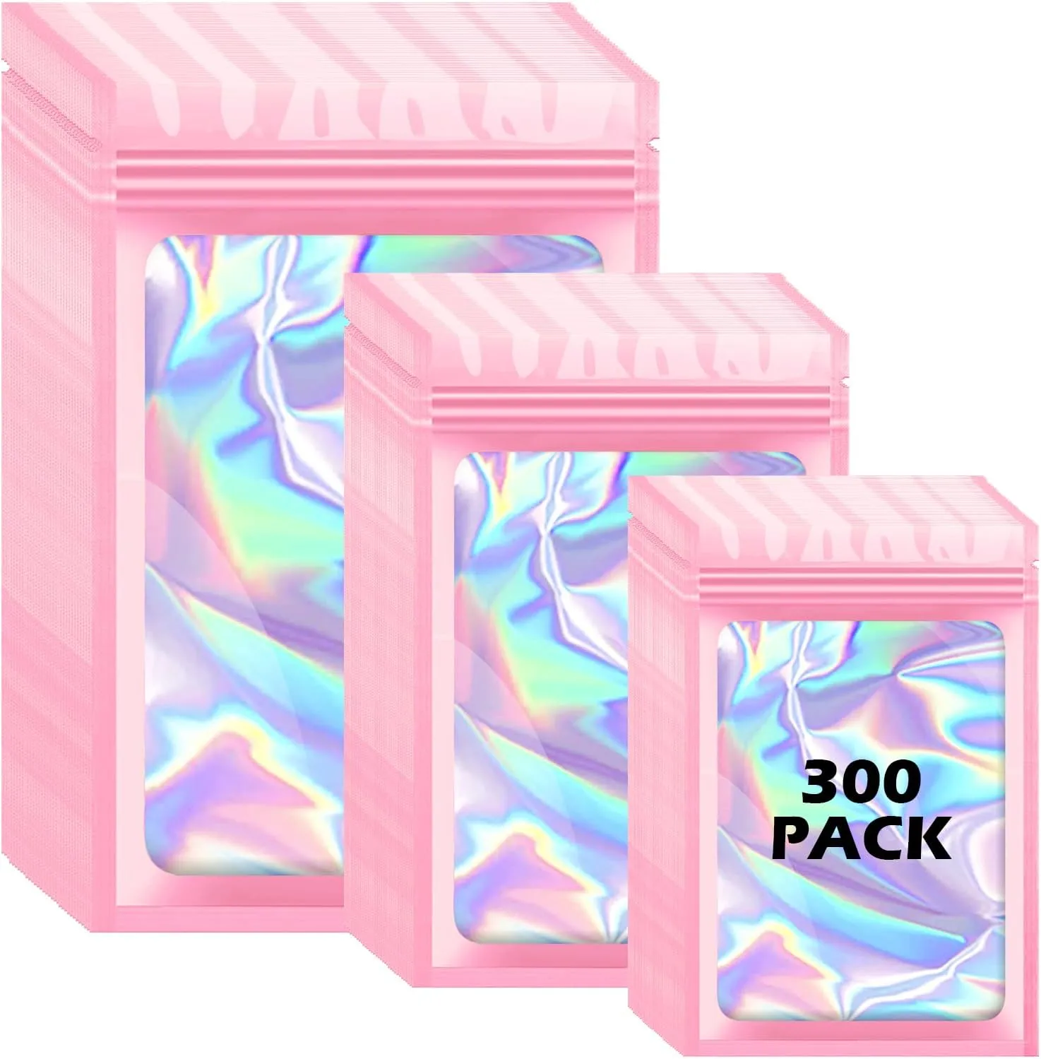 300 Pcs Holographic Mylar Bags, 3 Size Smell Proof Bags with Clear Window Foil Pouch Bags Resealable Bags for Small Business and Food Storage, Pink