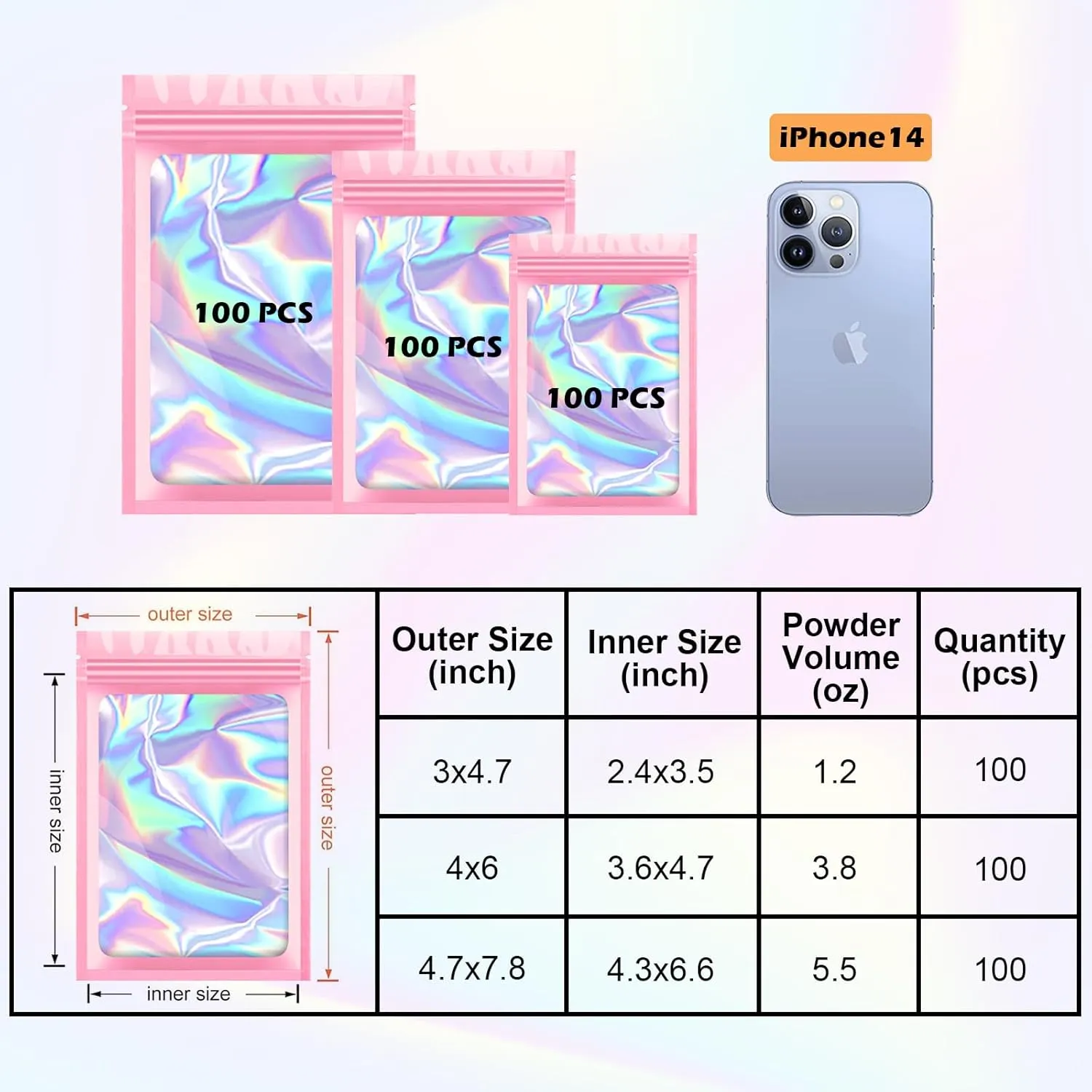 300 Pcs Holographic Mylar Bags, 3 Size Smell Proof Bags with Clear Window Foil Pouch Bags Resealable Bags for Small Business and Food Storage, Pink
