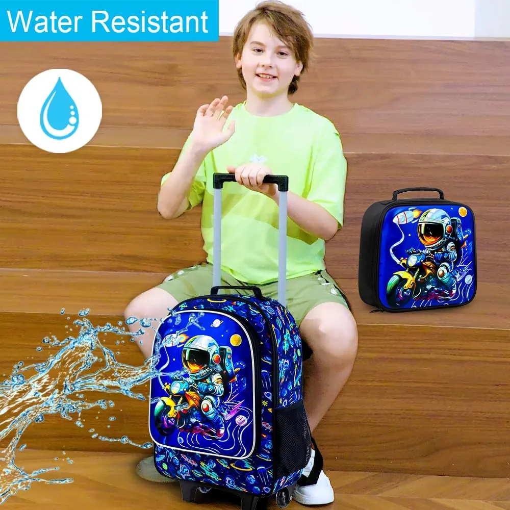 3PCS Astronaut Rolling Backpack for Boys, Kids School Backpacks with Wheels, Water Resistant UV Printed Roller Wheeled Bookbag Set