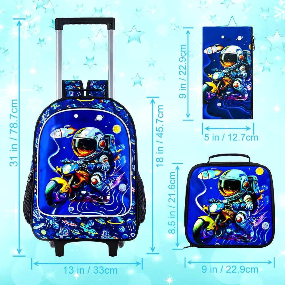 3PCS Astronaut Rolling Backpack for Boys, Kids School Backpacks with Wheels, Water Resistant UV Printed Roller Wheeled Bookbag Set