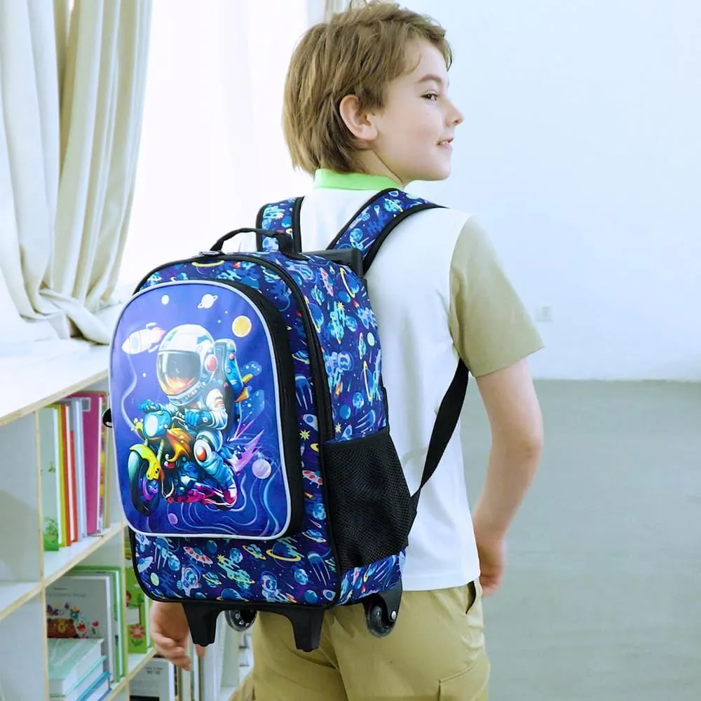 3PCS Astronaut Rolling Backpack for Boys, Kids School Backpacks with Wheels, Water Resistant UV Printed Roller Wheeled Bookbag Set