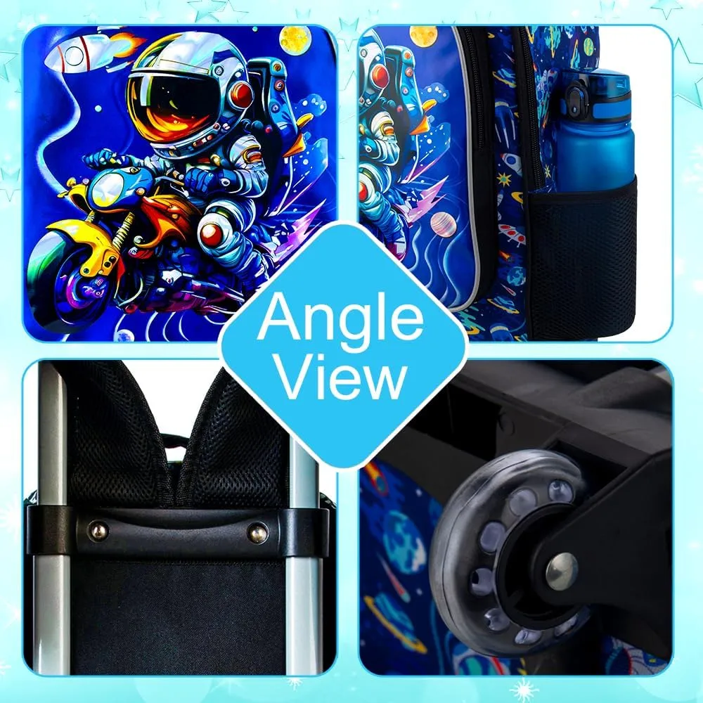 3PCS Astronaut Rolling Backpack for Boys, Kids School Backpacks with Wheels, Water Resistant UV Printed Roller Wheeled Bookbag Set