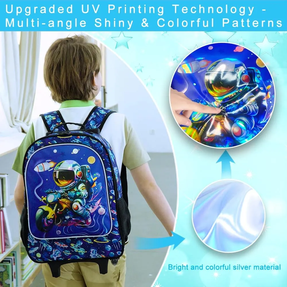 3PCS Astronaut Rolling Backpack for Boys, Kids School Backpacks with Wheels, Water Resistant UV Printed Roller Wheeled Bookbag Set