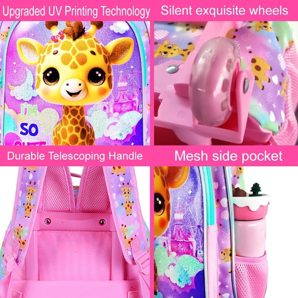 3PCS Giraffe Rolling Backpack for Girls, Kids School Backpacks with Wheels, Water Resistant UV Printed Roller Wheeled Bookbag Set
