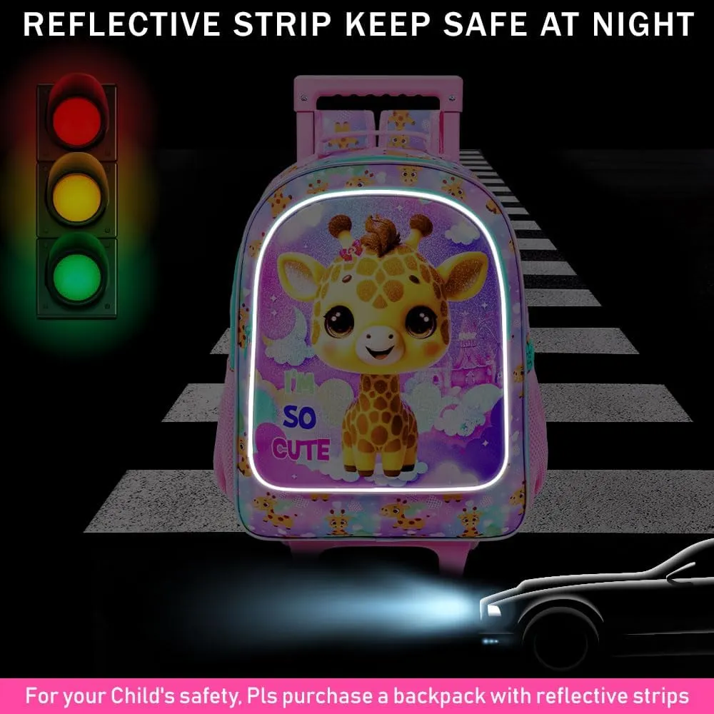 3PCS Giraffe Rolling Backpack for Girls, Kids School Backpacks with Wheels, Water Resistant UV Printed Roller Wheeled Bookbag Set