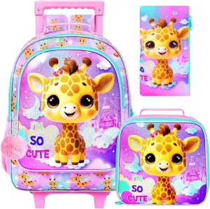 3PCS Giraffe Rolling Backpack for Girls, Kids School Backpacks with Wheels, Water Resistant UV Printed Roller Wheeled Bookbag Set