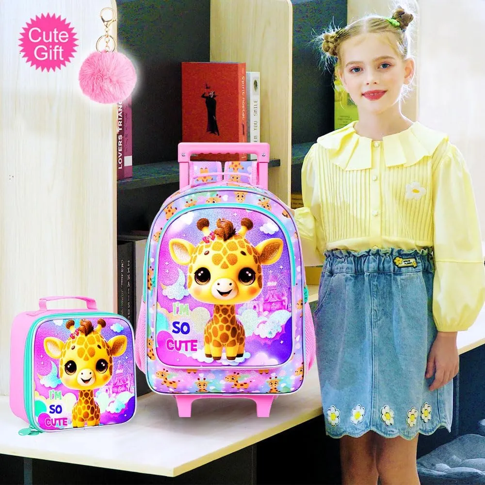 3PCS Giraffe Rolling Backpack for Girls, Kids School Backpacks with Wheels, Water Resistant UV Printed Roller Wheeled Bookbag Set