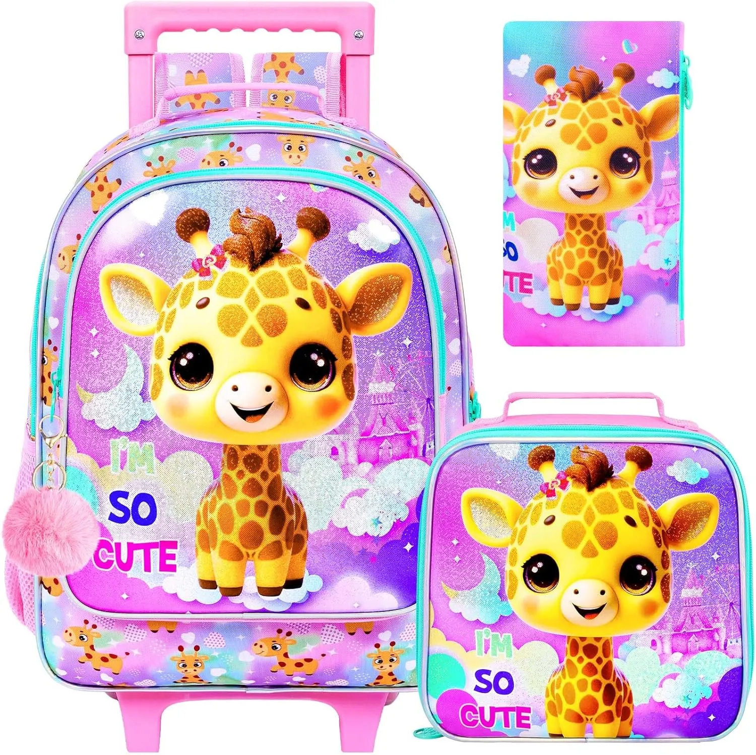 3PCS Giraffe Rolling Backpack for Girls, Kids School Backpacks with Wheels, Water Resistant UV Printed Roller Wheeled Bookbag Set
