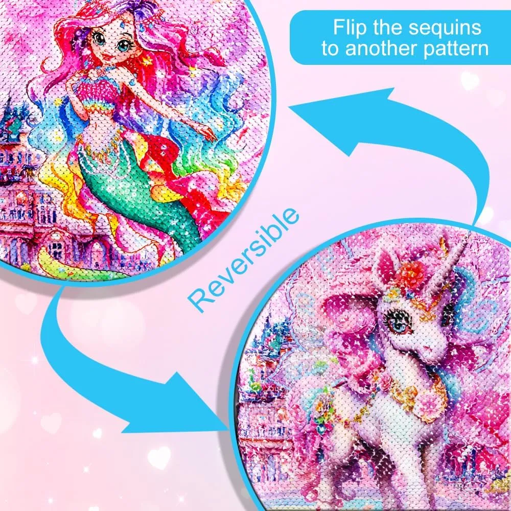 3PCS Girls Rolling Bookbag, Kids Sequins Mermaid School Backpack with Wheels, Water Resistant Roller Wheeled Bookbag Set with Lunch Box
