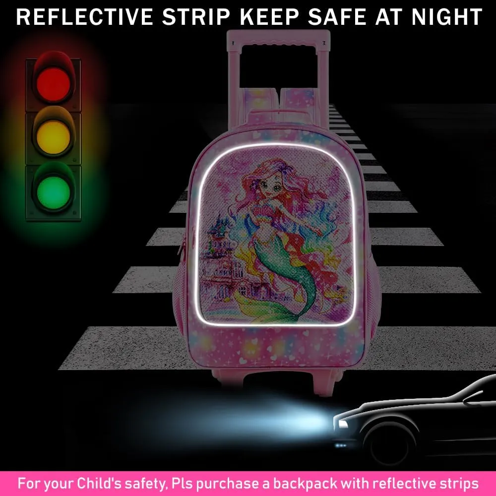 3PCS Girls Rolling Bookbag, Kids Sequins Mermaid School Backpack with Wheels, Water Resistant Roller Wheeled Bookbag Set with Lunch Box