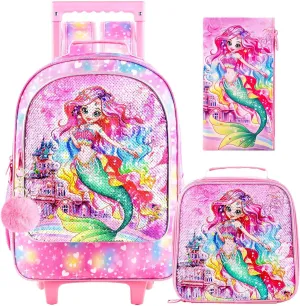 3PCS Girls Rolling Bookbag, Kids Sequins Mermaid School Backpack with Wheels, Water Resistant Roller Wheeled Bookbag Set with Lunch Box