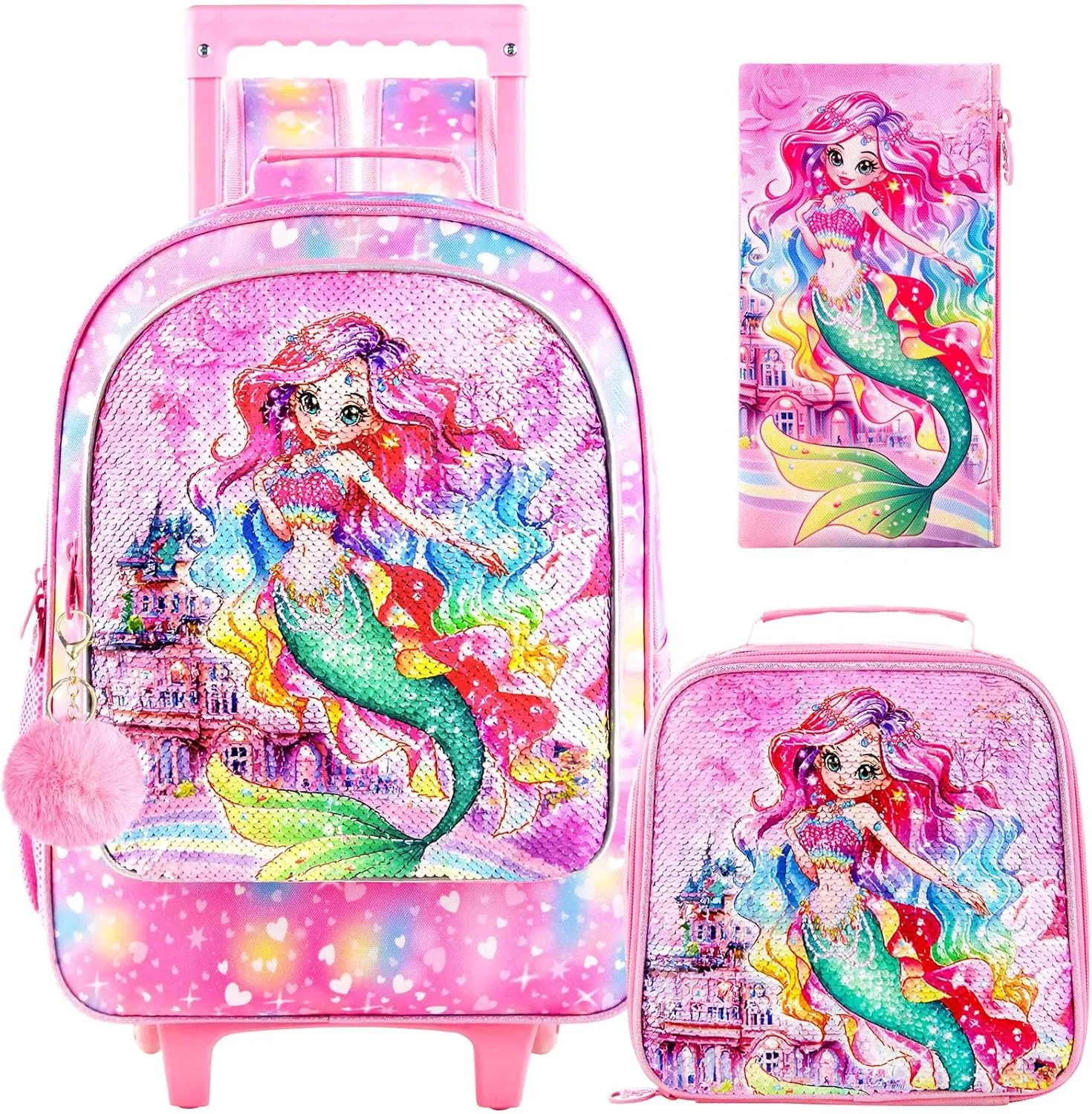 3PCS Girls Rolling Bookbag, Kids Sequins Mermaid School Backpack with Wheels, Water Resistant Roller Wheeled Bookbag Set with Lunch Box