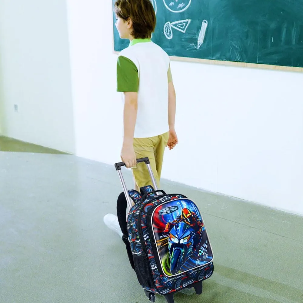 3PCS Moto Rolling Bookbag for Boys, Kids School Backpack with Wheels, Water Resistant UV Printed Roller Wheeled Bookbag Set with Lunch Box