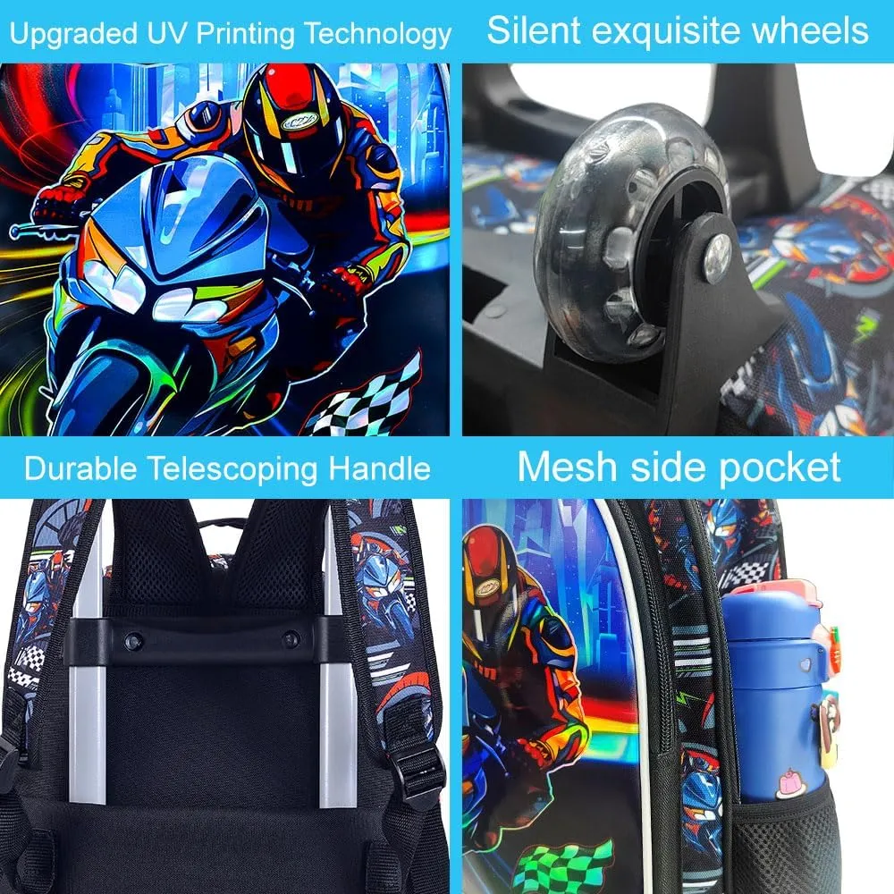 3PCS Moto Rolling Bookbag for Boys, Kids School Backpack with Wheels, Water Resistant UV Printed Roller Wheeled Bookbag Set with Lunch Box