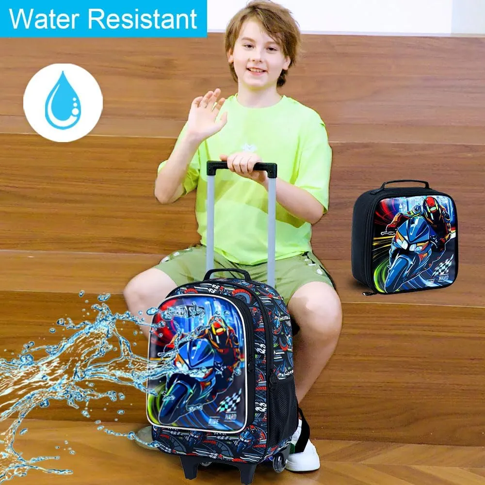 3PCS Moto Rolling Bookbag for Boys, Kids School Backpack with Wheels, Water Resistant UV Printed Roller Wheeled Bookbag Set with Lunch Box