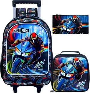 3PCS Moto Rolling Bookbag for Boys, Kids School Backpack with Wheels, Water Resistant UV Printed Roller Wheeled Bookbag Set with Lunch Box