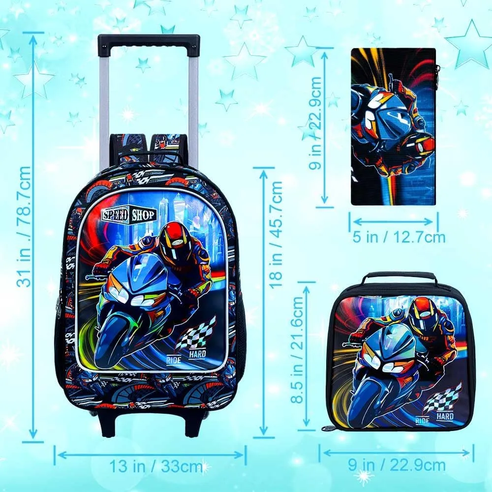 3PCS Moto Rolling Bookbag for Boys, Kids School Backpack with Wheels, Water Resistant UV Printed Roller Wheeled Bookbag Set with Lunch Box