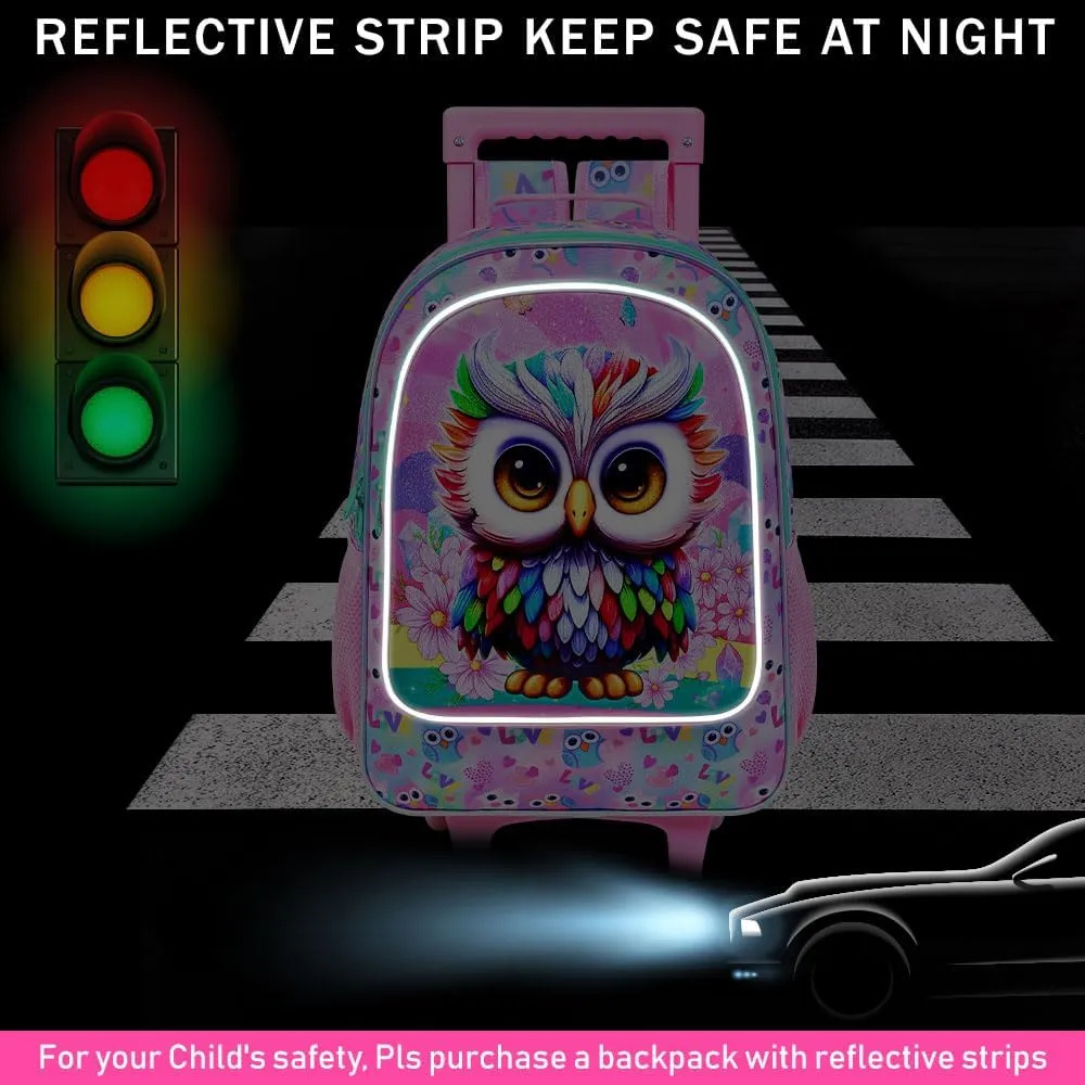 3PCS Owl Rolling Backpack for Girls, Kids School Backpacks with Wheels, Water Resistant UV Printed Roller Wheeled Bookbag Set