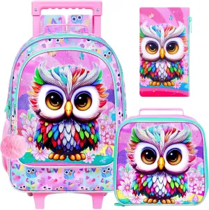 3PCS Owl Rolling Backpack for Girls, Kids School Backpacks with Wheels, Water Resistant UV Printed Roller Wheeled Bookbag Set