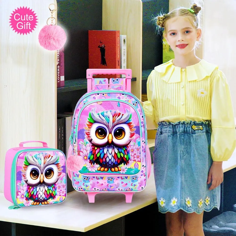 3PCS Owl Rolling Backpack for Girls, Kids School Backpacks with Wheels, Water Resistant UV Printed Roller Wheeled Bookbag Set