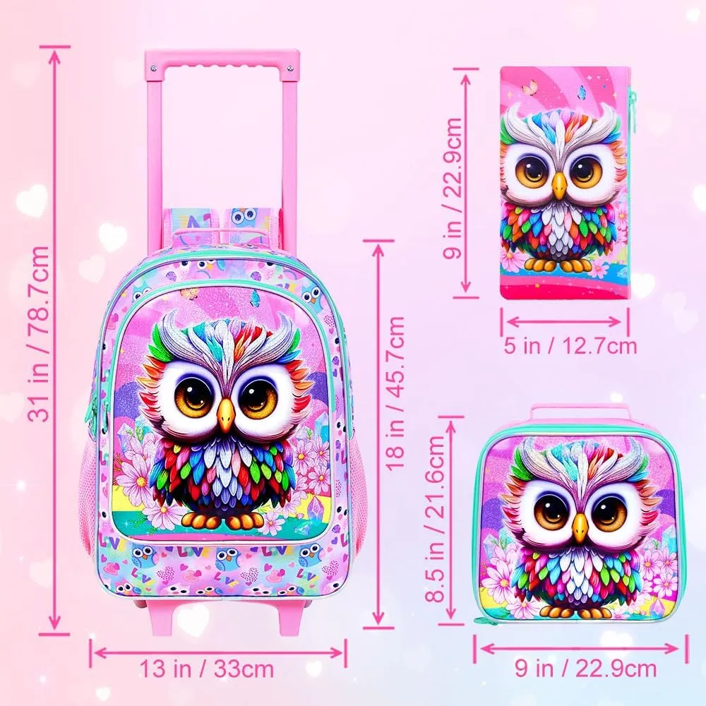 3PCS Owl Rolling Backpack for Girls, Kids School Backpacks with Wheels, Water Resistant UV Printed Roller Wheeled Bookbag Set