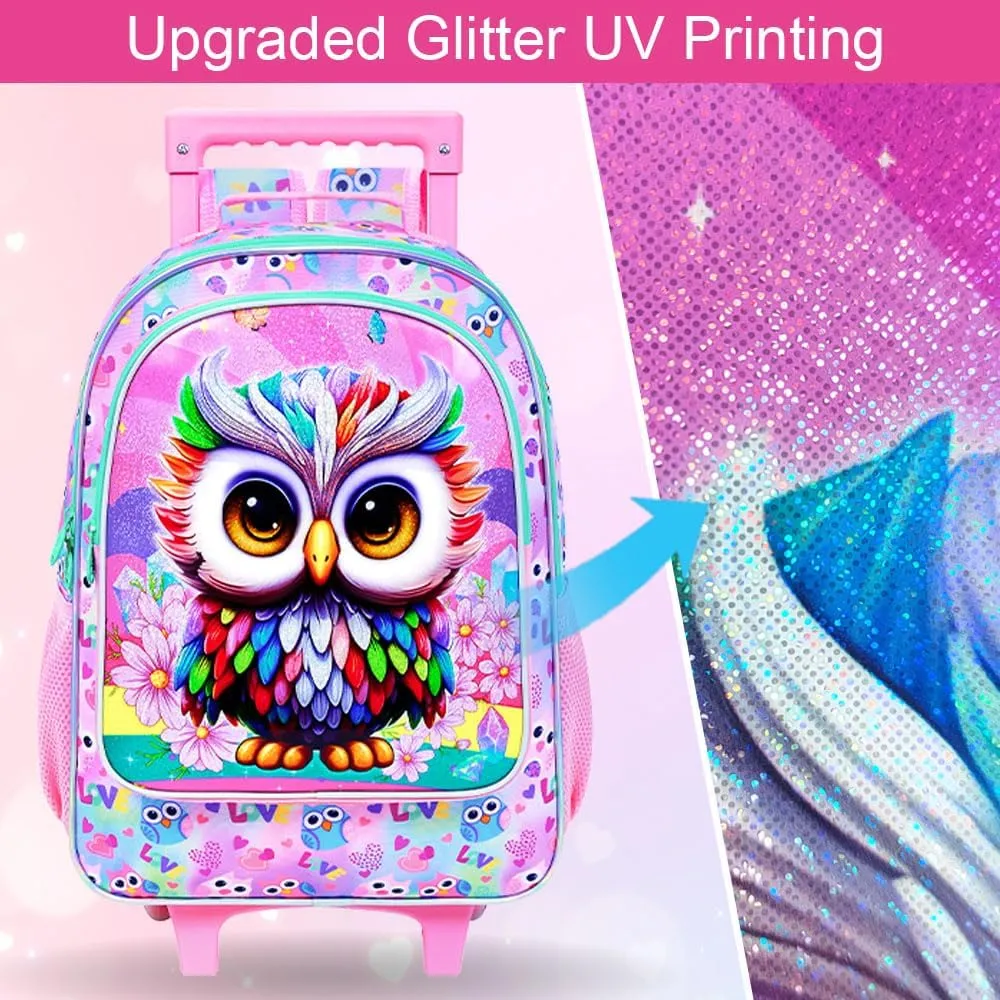 3PCS Owl Rolling Backpack for Girls, Kids School Backpacks with Wheels, Water Resistant UV Printed Roller Wheeled Bookbag Set