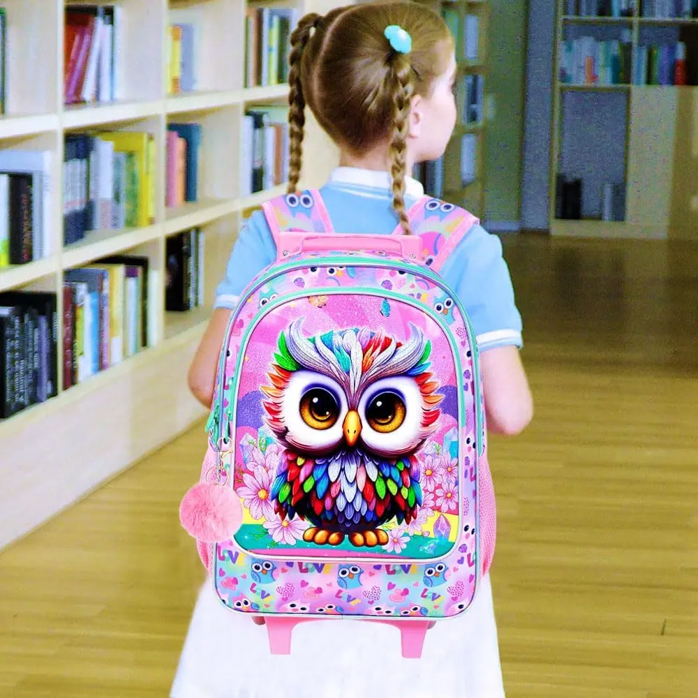3PCS Owl Rolling Backpack for Girls, Kids School Backpacks with Wheels, Water Resistant UV Printed Roller Wheeled Bookbag Set