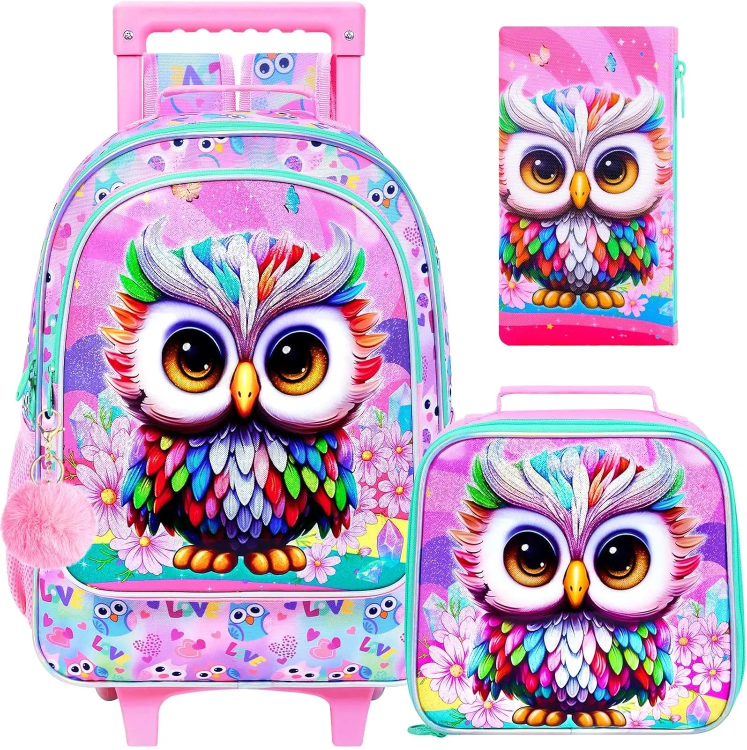 3PCS Owl Rolling Backpack for Girls, Kids School Backpacks with Wheels, Water Resistant UV Printed Roller Wheeled Bookbag Set