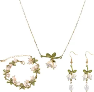 3Pcs Set Lily of the Valley Necklace and Earring Bracelet Green Paint Leaves and Freshwater Pearl Necklace Gift for Women Mom Friends Bride