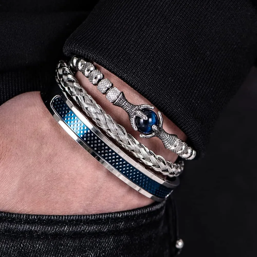 3pcs/set Classical Handmade Braiding Bracelet Hip Hop Men Pave CZ Leopard Head Roman Numeral Bracelet Stainless Steel Jewelry