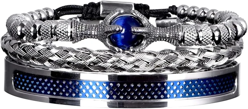 3pcs/set Classical Handmade Braiding Bracelet Hip Hop Men Pave CZ Leopard Head Roman Numeral Bracelet Stainless Steel Jewelry